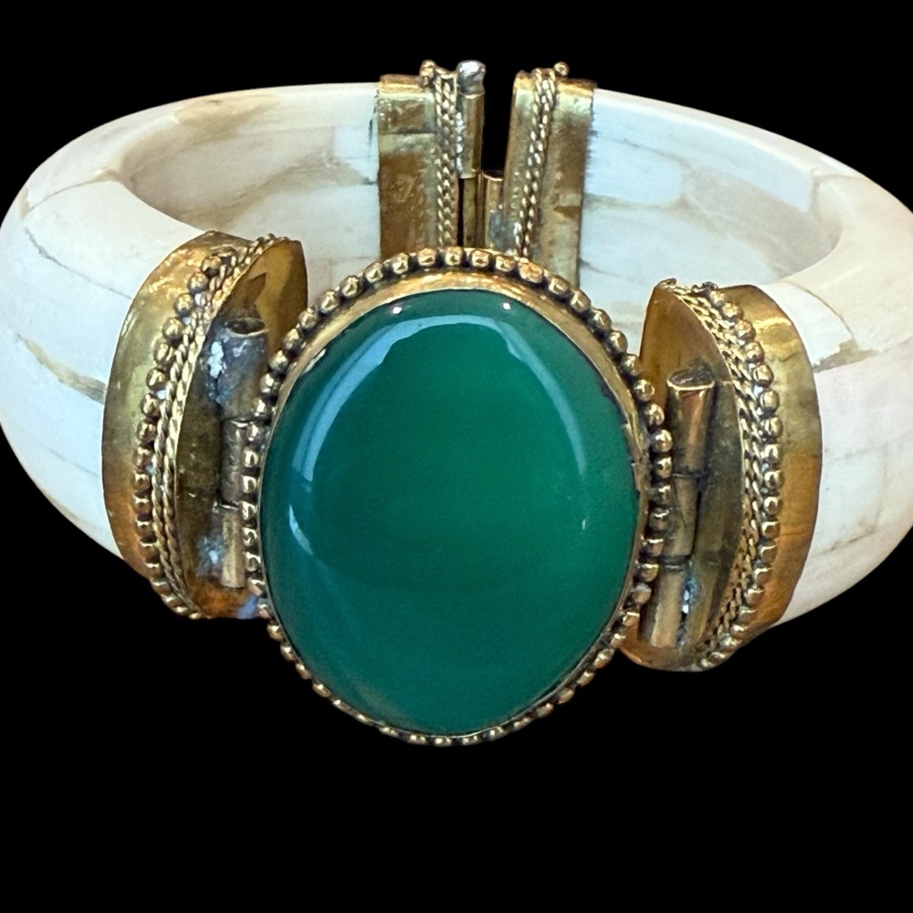 Unique Vintage Antique Bone Brass Green Stone Hinged Bangle Bracelet Pin Closure